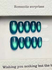 10 Peças Adesivos de Unhas Acrílicas Ovais Feitos à Mão, Unhas Azuis Minimalistas com Efeito Olho de Gato Cintilante, Unhas Luxuosas Elegantes Artesanais, Adequadas para Outono, Estética Fofa, Unhas Falsas Multiuso DIY para Festa, Uso Diário, Encontro, Praia, Férias Tropicais, Presente para Mulheres e Meninas, Reutilizáveis - Azul - Visão 2