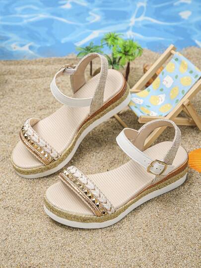 1 Pair Summer Girls Casual Slip-On Wedge Sandals, Non-Slip Comfortable Fashion Sequin Thick Bottom Sandals Suitable For Daily Wear And School