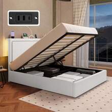 Allewie Full/Queen/King Size Lift Up Storage Bed Frame With Charging Station & LED Lights, Adjustable Velvet Upholstered Storage Headboard, Type-C & USB Ports, Hydraulic Support, No Box Spring Needed, White - 白色 - 查看 1