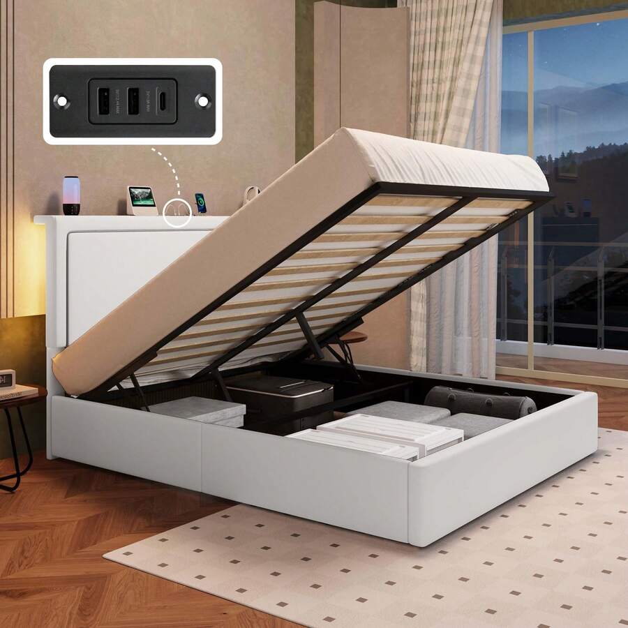 Allewie Full/Queen/King Size Lift Up Storage Bed Frame With Charging Station & LED Lights, Adjustable Velvet Upholstered Storage Headboard, Type-C & USB Ports, Hydraulic Support, No Box Spring Needed, White - 白色 - 查看 1