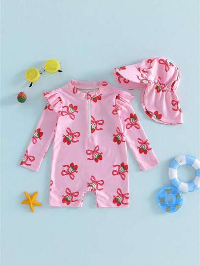 Toddler Baby Girl Rash Guard Cute Bow Strawberry Print Long Sleeve Jumpsuit with Hat 2Pcs Swimwear
