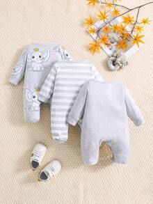 3pcs/Set Striped Cute Elephant Newborn Baby Romper Jumpsuit - Silver - View 2