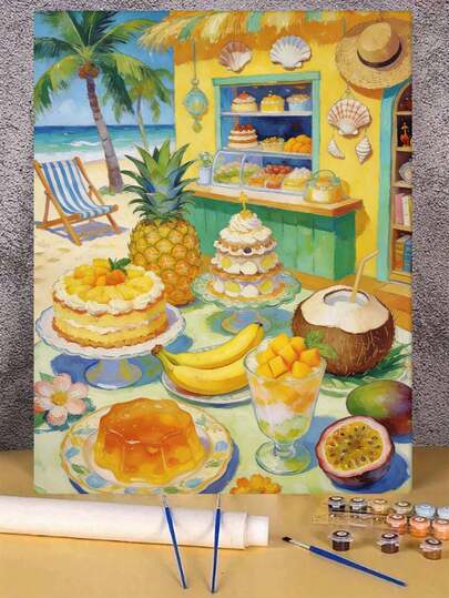 热带海滩甜品店 DIY 数字油画帆布画工艺品 成人家居装饰 40x50厘米/16x20英寸 节日礼物
