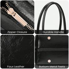 Sac bandoulière de créateur en cuir brillant pour femme – Sac hobo luxueux avec poignées pratiques - Sac baguette ciré à l'huile, noir, 33,5 x 16 x 13 cm - Voir 5