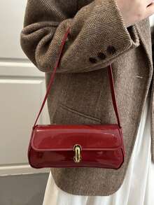 Lacquered Stylish Shoulder Handbag, Fashionable French Baguette Bag, Chic Lock Closure Shoulder Bag - Red - View 6