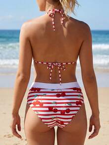 Women's Striped Bikini Set Summer Fashionable Cherry Print Halter Neck Bra With Bottom 2Pcs Bathing Suit - Red - View 6