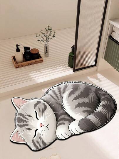 1 件装可爱不规则硅胶地毯，蓬松灰白猫咪图案浴室垫，马桶垫，春夏款，节日装饰，浴室装饰，室内装饰，家居装饰