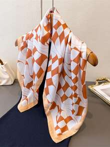 1pc 65*65cm Square Scarf, Women's Satin Silk Imitation Wavy Checkerboard Print, Versatile Neckerchief Headband Shawl - Multicolor - View 15