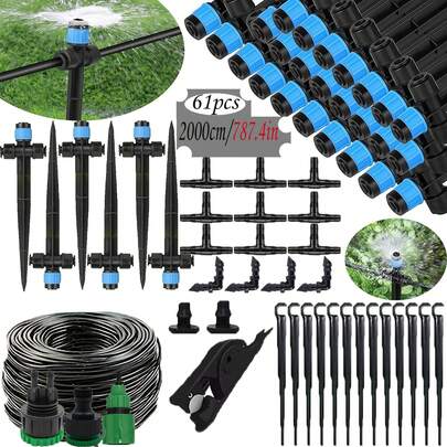 61pcs Automatic Drip Irrigation Set, Quick Connected 1/4 Inch Pipe Diameter Drip Irrigation Fountain Nozzle, Adjustable 360 ° Nozzle, Suitable For Outdoor Drip Irrigation System Accessories, Ground Plug Spray (20m)