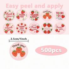 500pcs Pink Strawberry English Gratitude Doodle Stickers, 1 Inch Round 10 Cartoon Patterns, Suitable For Scrapbooking, Diary, Cards, Gift Wrapping, Daily And Holiday Parties, PVC Sticker Decals - Strawberry (English Thank You) - View 3