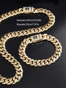 CVNANA 2pcs 14K Golden Plated Necklace With Bracelet Set,Polished Finish Cuban Chain Necklace, Punk Style Unisex Hip Hop Choker Jewelry Set,Men's Gifts,Men's Jewelry,Fashion Jewelry Perfect Gift For Birthday, Valentine's Day,Father's Day - A - View 15