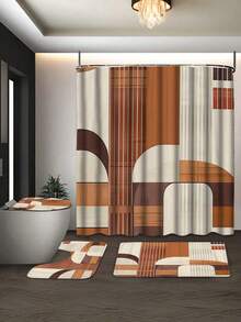 1/4pcs Bohemian Geometric Shower Curtain Set, Brown/White/Beige Polyester Shower Curtain, Bathroom Set With Bath Mat, Toilet Lid Cover - Machine Washable, Waterproof, Seasonal, Bathroom Window Curtain Shower Curtain Set - A - View 8