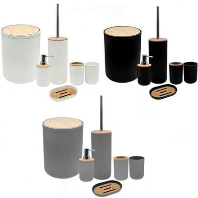 Juego de 6 artículos de aseo para baño, con cubierta de plástico galvanizado, incluye: dispensador de jabón, portacepillos, taza para cepillos de dientes, jabonera, escobilla de baño y cubo de basura. Set de lavado para encimera, artículos esenciales para el baño, decoración para el baño. Ideal como regalo de inauguración de la casa, regalo de vacaciones, regalo de San Valentín o regalo de cumpleaños.