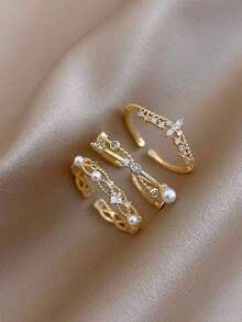 3pcs/Set Rhinestone Decor Cuff Ring - 黃金 - 查看 5