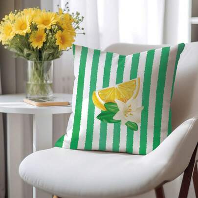 1pc White & Green Striped Floral Lemon Slice Pattern Cushion Cover, Soft Peach Velvet Fabric, Single-Sided Printing 45*45CM, Suitable For Living Room, Bedroom, Sofa, Home Decor, Holiday Gift, No Pillow Insert
