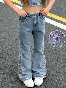 1 Quần Jeans ống rộng ống loe nhẹ màu xanh nhạt dễ thương, đa năng, mặc ngoài trời, dành cho bé gái, mùa Thu/Đông - Rửa nhẹ - Xem 1