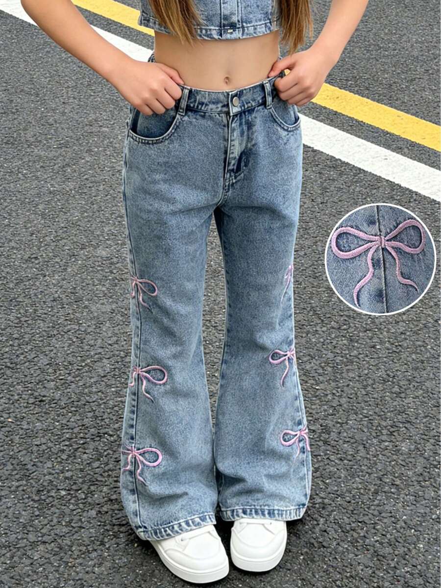 1 Quần Jeans ống rộng ống loe nhẹ màu xanh nhạt dễ thương, đa năng, mặc ngoài trời, dành cho bé gái, mùa Thu/Đông - Rửa nhẹ - Xem 1