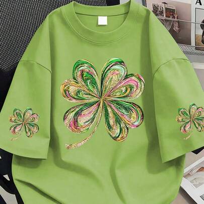 大码女式休闲四叶草印花圆领上衣，适合度假、海滩、旅行、春季、情人节；嘉年华服装，母亲节礼物