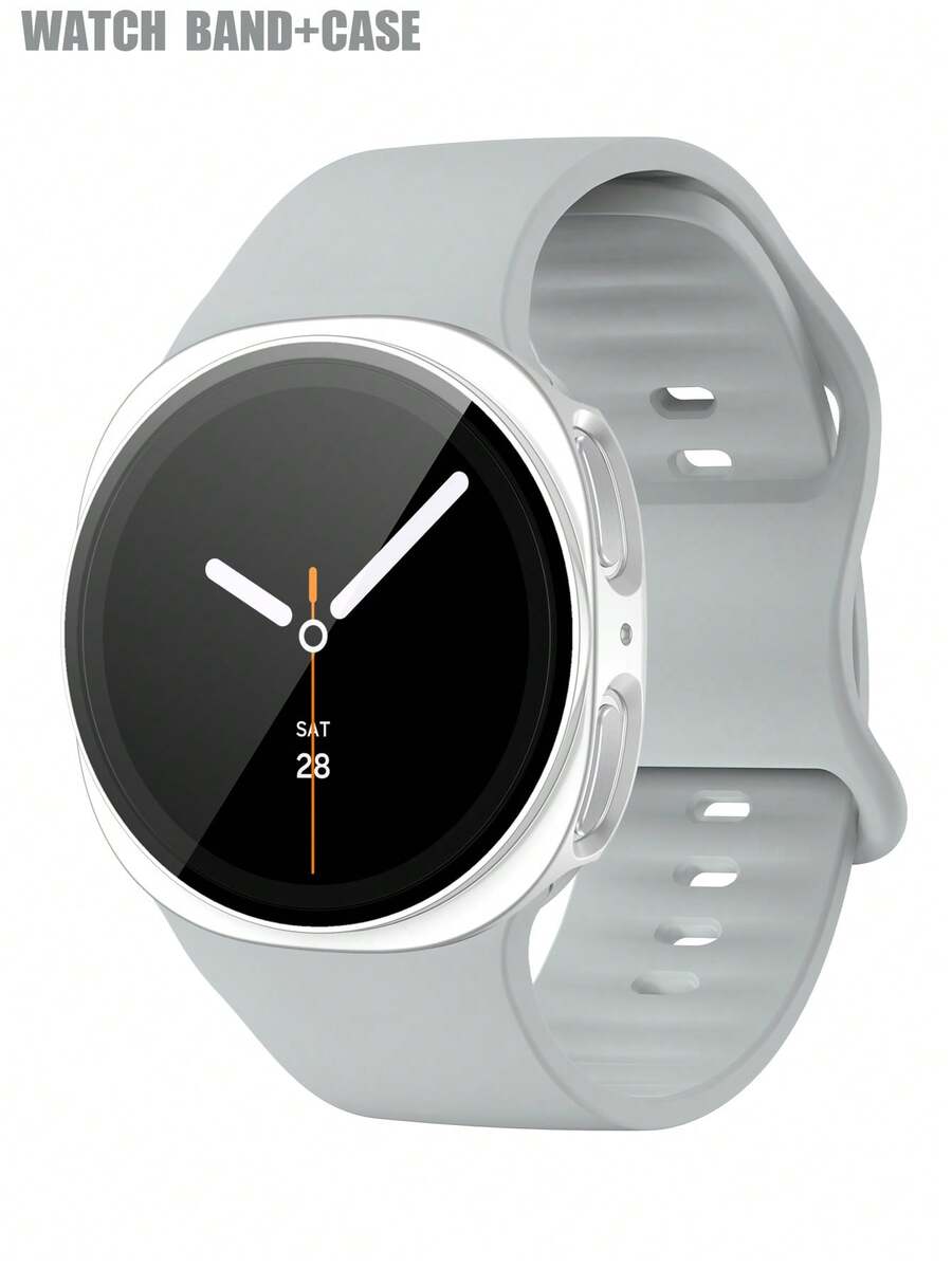 手錶錶帶 + 手錶錶殼套組,相容於 Galaxy Watch 8 40mm 和 44mm。柔軟舒適的休閒運動矽膠錶帶,防震耐刮硬 PC 錶殼與鋼化玻璃螢幕保護膜二合一錶殼。易於佩戴,觸控靈敏。適合男女款智慧手錶錶帶與錶殼。 - 銀色 - 查看 1