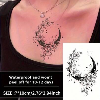 1张新月花朵防水临时纹身贴纸，持久1-2周，半永久纹身，逼真不反光，男女通用