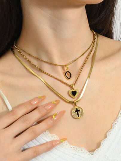 3pcs Fashionable Stainless Steel Gold Pendant Necklace Set With Heart & Cross Oil Drop Elements, Suitable For Women's Daily Wear And Holiday Accessories