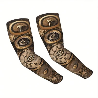 BIIHUDU 蒸汽朋克齿轮设计运动袖套 - 罗马数字钟面及机械图案套头式臂套，适合运动和休闲穿着，建议手洗/干洗