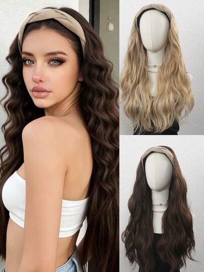 24英寸长卷发假发，带可拆卸头带，女士逼真半头假发，自然遮盖头发的假发，适合女孩日常佩戴、音乐节、派对和街头时尚。