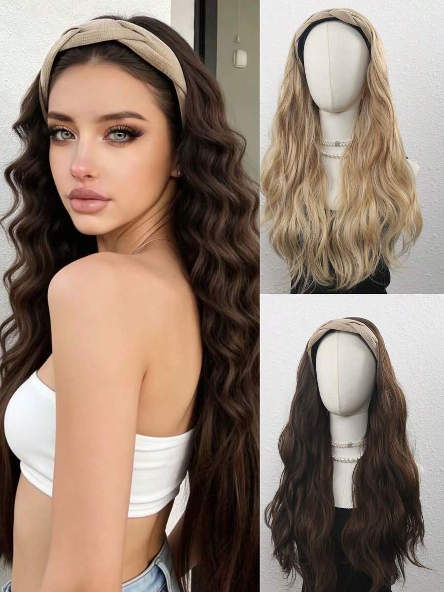 24英寸长卷发假发，带可拆卸头带，女士逼真半头假发，自然遮盖头发的假发，适合女孩日常佩戴、音乐节、派对和街头时尚。