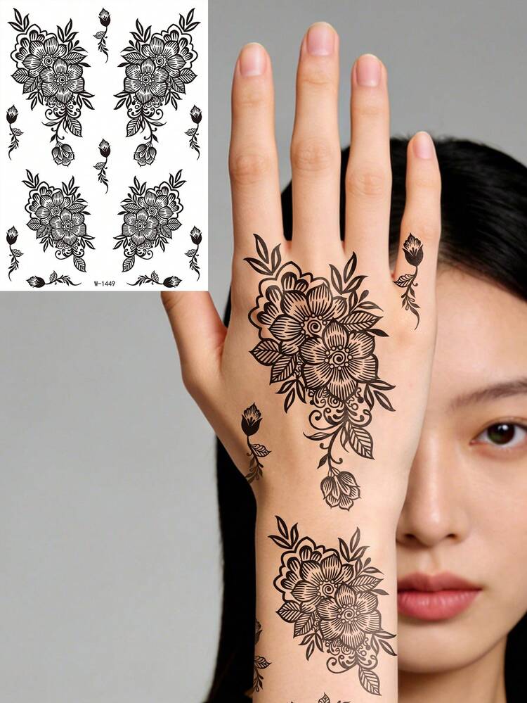 4 Sheet Black Henna Temporary Tattoo Stickers, Waterproof Long Lasting Henna Tattoos, Rose Vine Floral&Decorative Leaf Design, For Women, Fake Tattoos, Body Art, Hanna Tattoo Sticker - Black - View 4