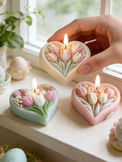 1pc 3D Heart & Tulip Silicone Candle Mold Flat Bottom Design For DIY Aromatherapy Candle Soap Home Decoration Handmade Craft Tool Silicone Mold Valentine's Day Mother's Day