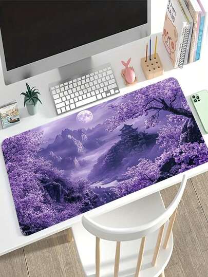 超大游戏桌垫和鼠标垫 - 紫色樱花风景设计，梦幻月光场景，防滑橡胶底座，操作顺滑的大尺寸垫子，可用作键盘垫、桌面垫或书垫，适用于游戏玩家、办公室和宿舍，电脑、办公和游戏环境均可使用，是送给游戏玩家的理想礼物，兼容鼠标和轨迹球。