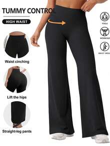Women's High-Waisted Straight-Leg Sports Pants | Slimming And Draping Yoga Pants For Spring. New Style Straight-Leg Pants For Work, Fitness, Running. Straight-Leg Sports Pants, Women's Pants. - 深灰色 - 查看 2