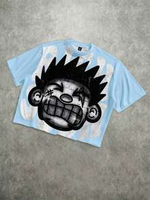 Manfinity Roghcode Men's Oversized Distressed Funny Diamond Teeth Tattoo Big Face Allover Print Cropped Loose T-Shirt (High Quality) - Baby Blue - View 2
