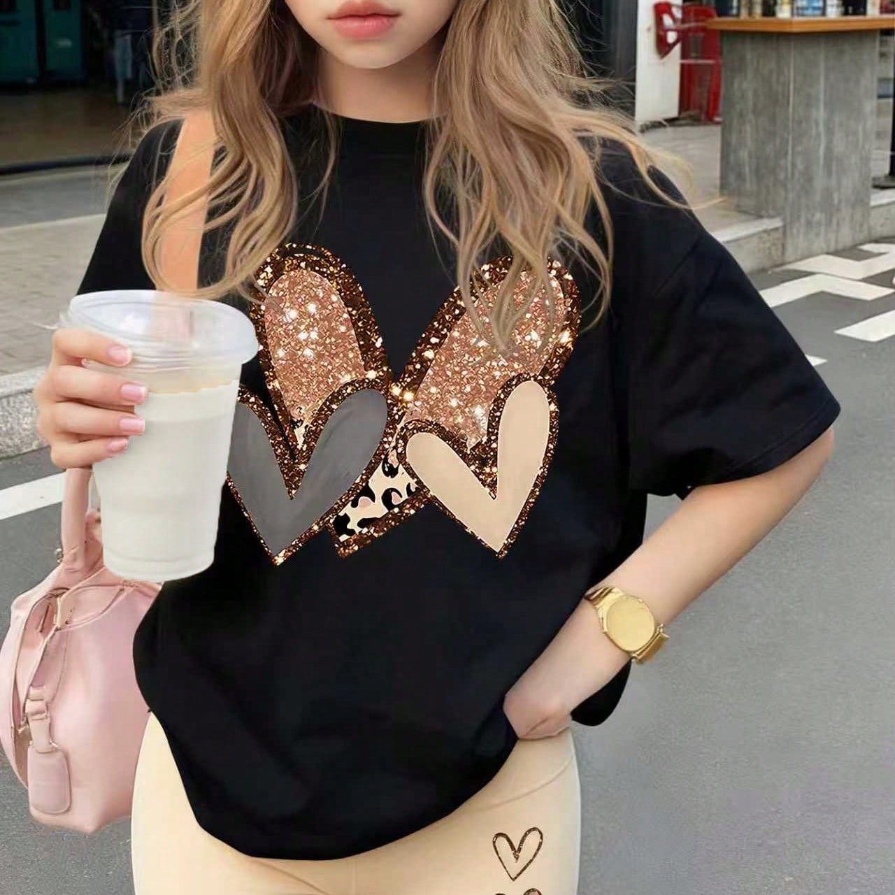 Piezas Conjunto de niña de manga corta y ajuste holgado, decoración de corazón leopardo, shorts elásticos, conjunto de primavera/verano de moda y