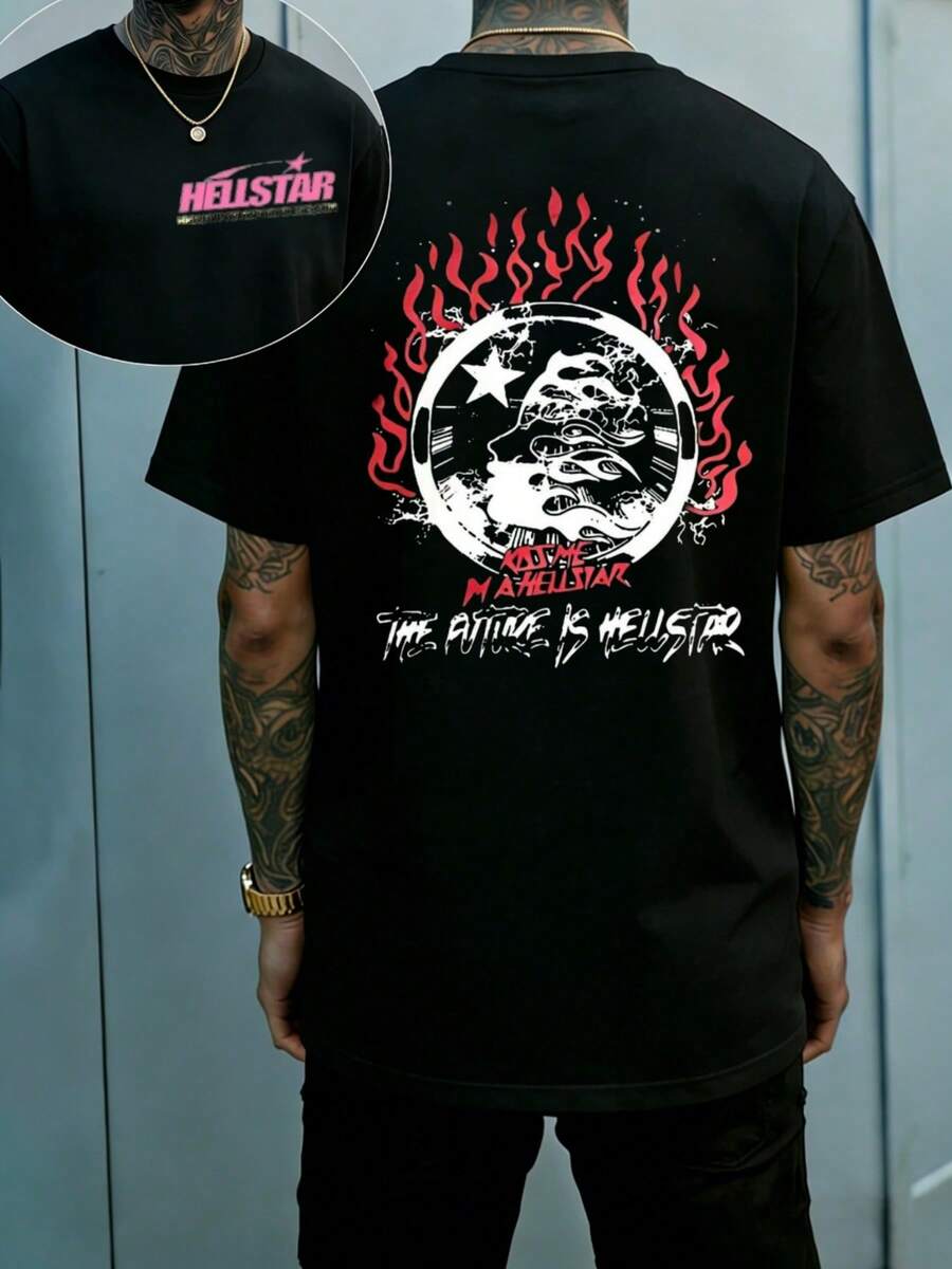 Hellstars The Future Is Yours Space Helmet Vintage T-Shirt Double Sided Printed (220g 100% Cotton T-Shirt),Summer Clothes, Men's Tops, Casual And Comfortable, Fashionable Graphic Tee, Unisex Style - 黑色 - 查看 1