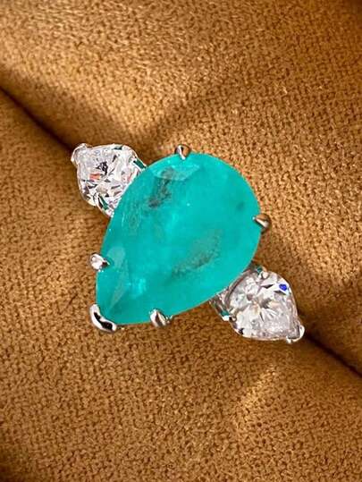 Minimalist Oval Water Drop Pear-Shaped Paraiba Geometric Ring, Blue, Jewelry Gift For Women