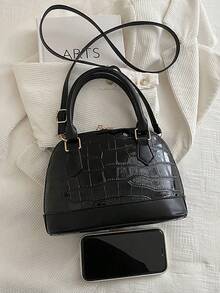 Minimalist Crocodile Embossed Women's Handbag, Shell Shaped Tote Bag, Fashion Shoulder Bag For Commuting & Versatile Wear - Black - View 4