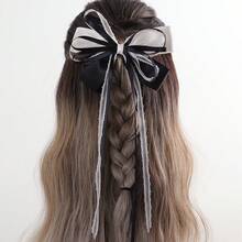 1 pieza Scrunchie de pelo estilo bohemio hecho a mano con borla y lazo - Blanco y Negro - Ver 6