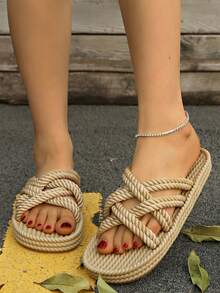 Women's Solid Color Woven Rope Thick Sole Sandals, Criss-Cross Toe Design, Versatile For Daily Commute, Vacation, Beach, Comfortable - Camel - View 2