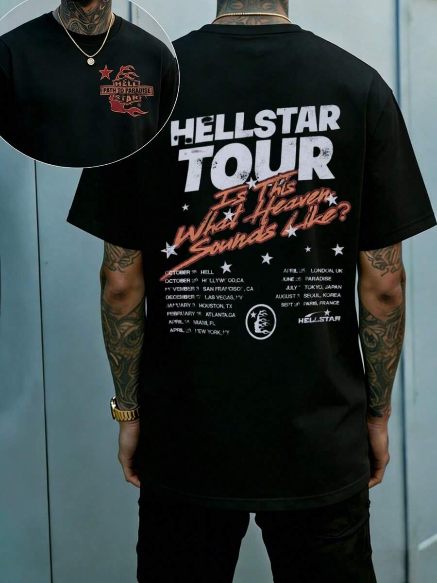 Hellstars Path To Paradise World Tour Vintage T-Shirt Double Sided Printed (220g 100% Cotton T-Shirt),Summer Clothes, Men's Tops, Casual And Comfortable, Fashionable Graphic Tee, Unisex Style - 黑色 - 查看 1