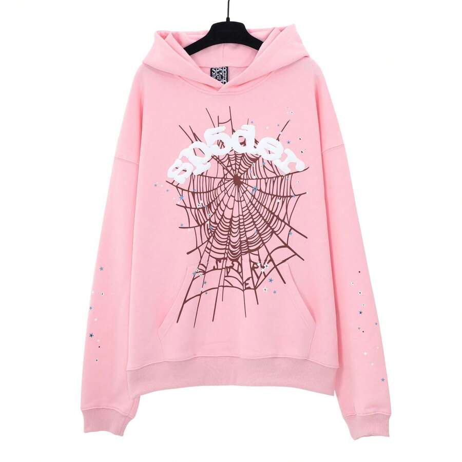 Autumn/Winter Y2K Clothing: Street-Style Hip-Hop Style Foam Spider Web Hooded Sweatshirt, Fashionable Sporty Hoodie. - Hồng - Xem 1