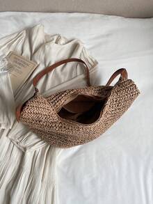 Dedoo Fashionable, Casual, And Lazy-Style Large U-Shaped Straw Crescent Bag, With A Gentle And Relaxed Feel, Super Large Capacity. The Shoulder Strap Is Spliced With Brown Leather, Can Be Carried On One Shoulder Or Cross-Body, Suitable For Summer Countryside/Outings/Seaside Vacations/Commuting - Khaki - View 11