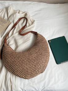 Dedoo Fashionable, Casual, And Lazy-Style Large U-Shaped Straw Crescent Bag, With A Gentle And Relaxed Feel, Super Large Capacity. The Shoulder Strap Is Spliced With Brown Leather, Can Be Carried On One Shoulder Or Cross-Body, Suitable For Summer Countryside/Outings/Seaside Vacations/Commuting - Khaki - View 9