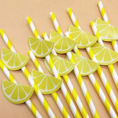 Creative Lemon Pattern Party Paper Straws, Cute Cartoon Striped Paper Straws, Summer Drinks, Juices, Decorative Orange Straws, Suitable For Birthday Parties, Holidays, Desserts And Beverage Decorations, Party Decorations, Bridal Showers
