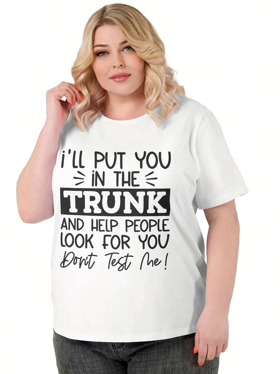 Plus Size Women Funny Slogan Crew Neck T-Shirt, I Will Put You In The Trunk Print, Stretchy Short Sleeve Casual Top, Machine Washable White Top, Womens T Shirt, Humorous Graphic, For Women - 白色 - 查看 1