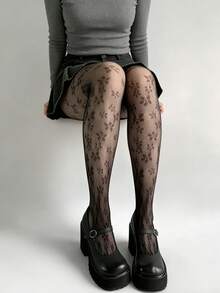 1件装女士春夏蕾丝提花连裤袜，防勾丝渔网袜 - 彩色 - 查看 3