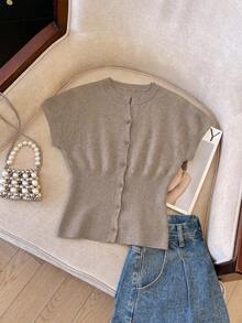 女士休闲简约纽扣前襟蝙蝠袖针织背心，适合日常穿着，四季皆宜，春夏上衣，优雅休闲外套 - 駝色 - 查看 10