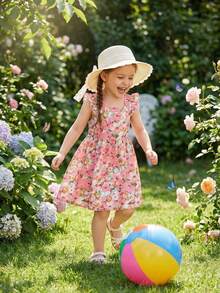 少女花印無袖海灘風裙子，夏季 - 粉色 - 查看 3