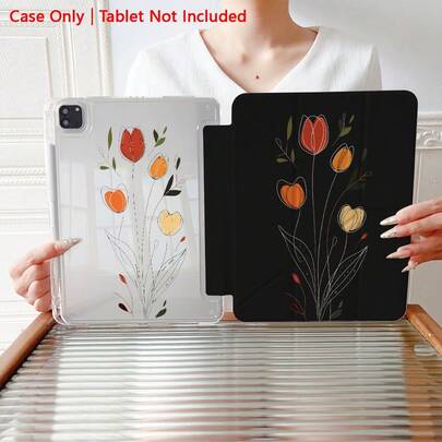 1 chiếc ốp bảo vệ máy tính bảng in hình hoa tulip đẹp mắt, có nam châm gập đa góc, khe cắm bút và chức năng tự động tắt/mở màn hình, phù hợp với iPad Pro/Air, iPad 5/6/7