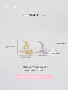 IN Z 1件925纯银镶嵌星月吊坠平底唇钉 | 精致耳钉 | 可叠戴耳环 | 星月耳环 | 925纯银饰品 | 适合女性日常佩戴 | 单件出售（非一对） - 多色 - 查看 3